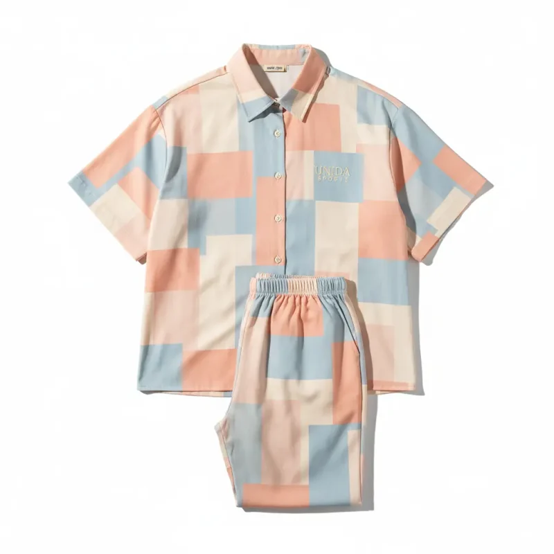 loungewear manufacturer front view matching set with button shirt and pants