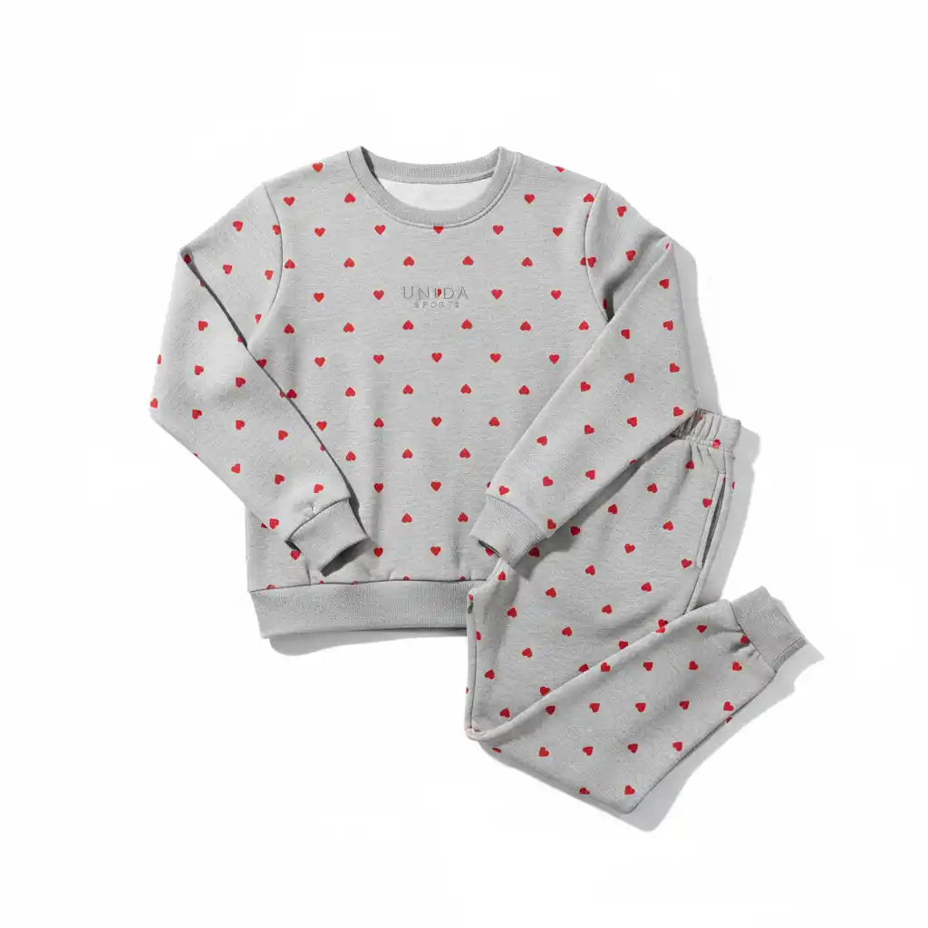 Front View Lounge Set USA custom loungewear manufacturer USA heart print lounge set front flatlay