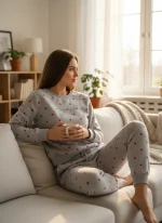 custom loungewear manufacturer USA heart print lounge set worn by woman