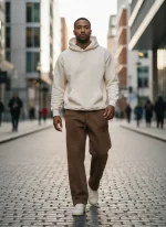 model wearing custom graphic sweatpants streetwear outfit