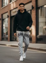 model wearing oversized sweatpants streetwear outfit USA